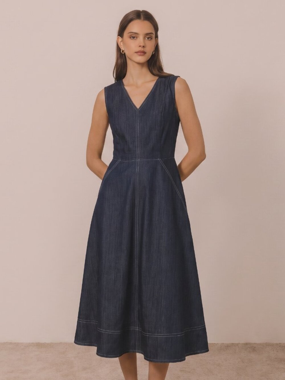 DKNY Dark Blue Sleeveless Denim Midi Dress